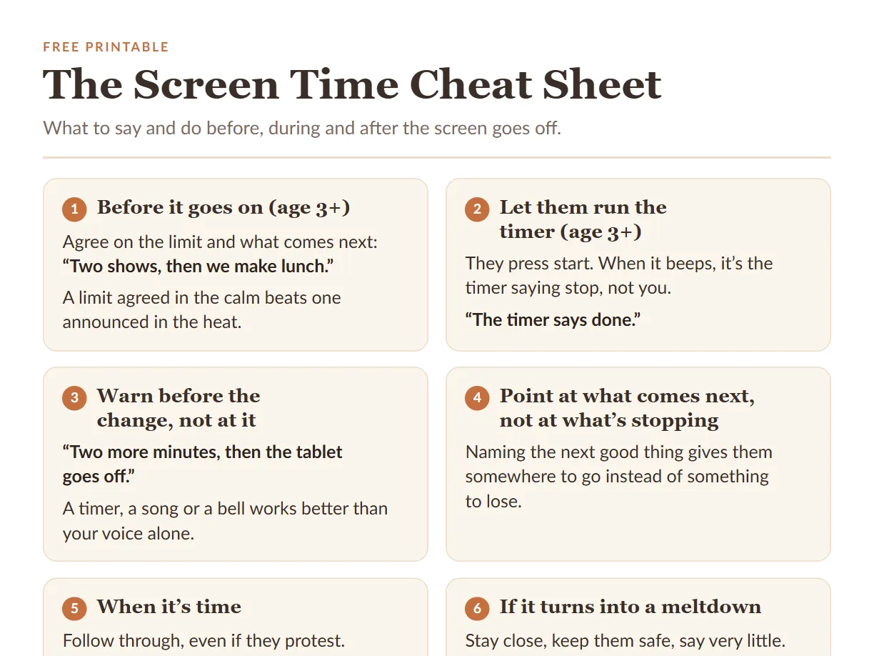 The top half of the Screen Time Cheat Sheet: agreeing the limit before it goes on, letting them run the timer, warning before the change, and pointing at what comes next.